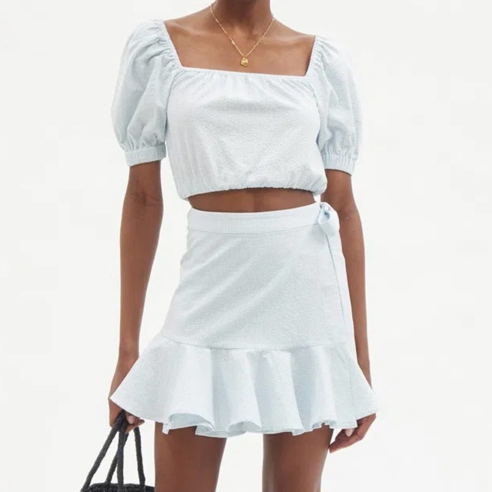 Casa Raki pale blue seersucker Siena cropped top